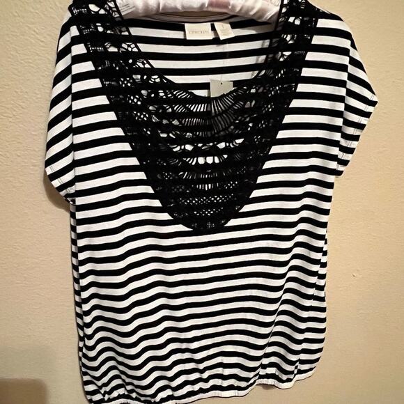 Chico's top black white striped crochet neckline short sleeve knit NEW Sz 1 US M - Picture 4 of 6